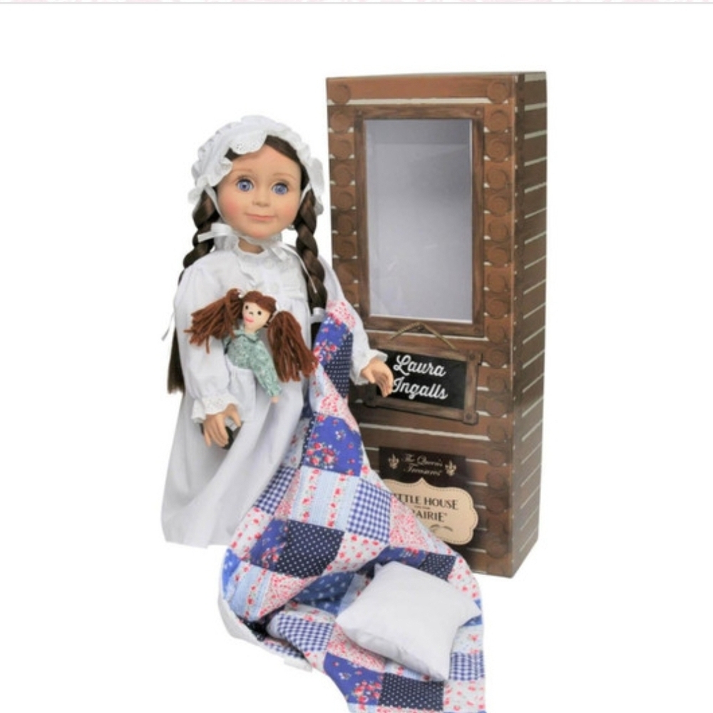 White and Blue Decorative Doll with Braided Hair and Miniature Vanity